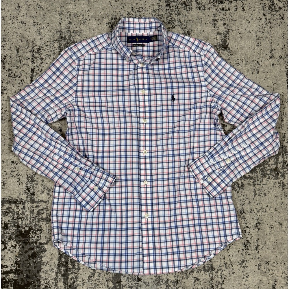 Ralph Lauren Boys Button Down Shirt L 14-16 Plaid Natural Stretch Pony Logo